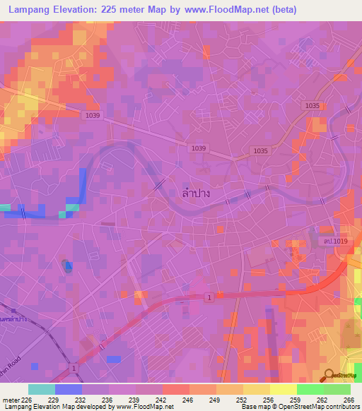Lampang,Thailand Elevation Map