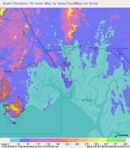 Krabi,Thailand Elevation Map