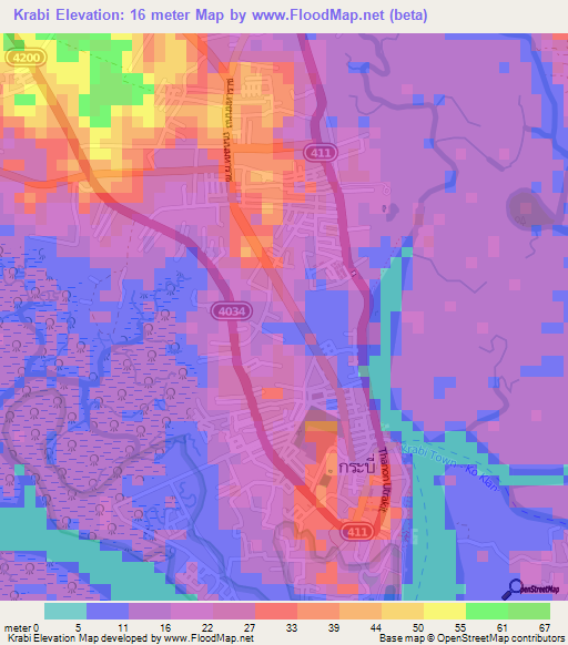 Krabi,Thailand Elevation Map