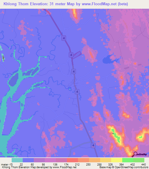 Khlong Thom,Thailand Elevation Map