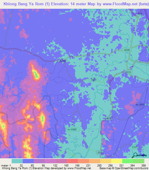 Khlong Bang Ya Rom (1),Thailand Elevation Map