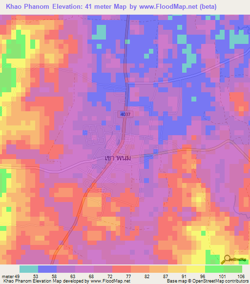 Khao Phanom,Thailand Elevation Map