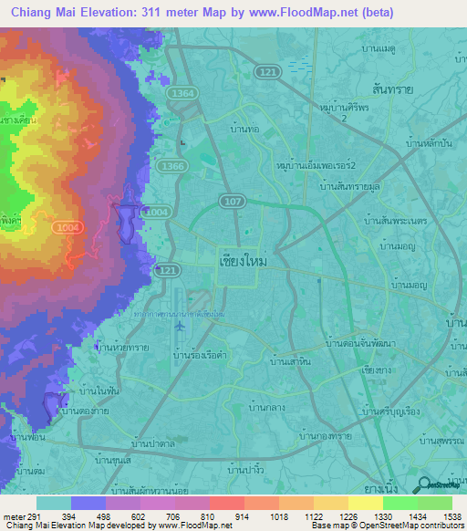 Chiang Mai,Thailand Elevation Map