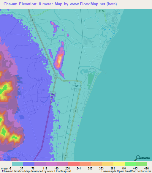 Cha-am,Thailand Elevation Map