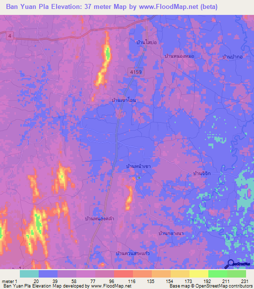 Ban Yuan Pla,Thailand Elevation Map