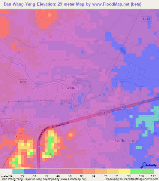 Ban Wang Yang,Thailand Elevation Map