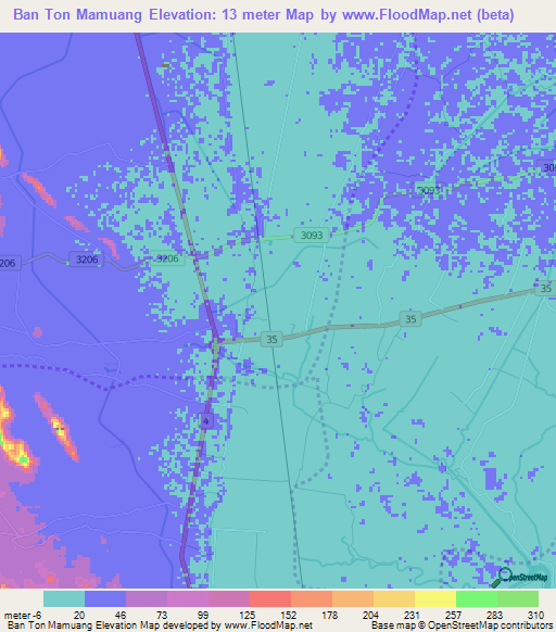 Ban Ton Mamuang,Thailand Elevation Map