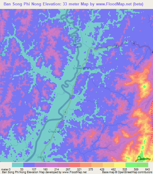 Ban Song Phi Nong,Thailand Elevation Map