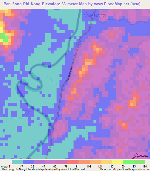Ban Song Phi Nong,Thailand Elevation Map