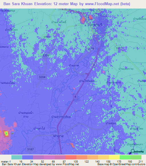 Ban Sara Khuan,Thailand Elevation Map