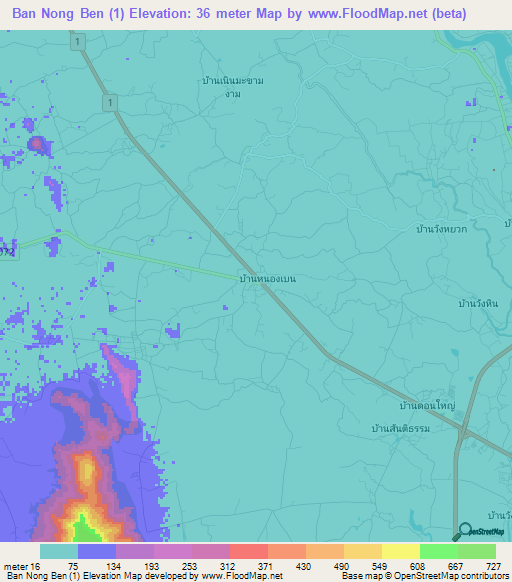 Ban Nong Ben (1),Thailand Elevation Map