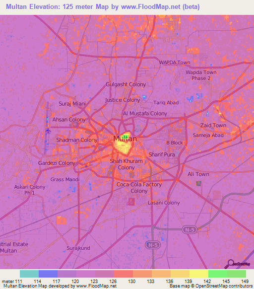 Multan,Pakistan Elevation Map