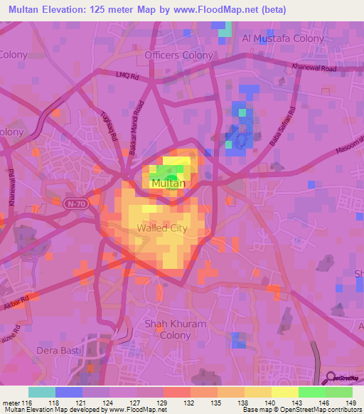 Multan,Pakistan Elevation Map