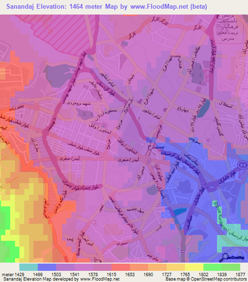 Sanandaj,Iran Elevation Map