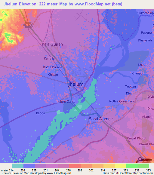 Jhelum,Pakistan Elevation Map