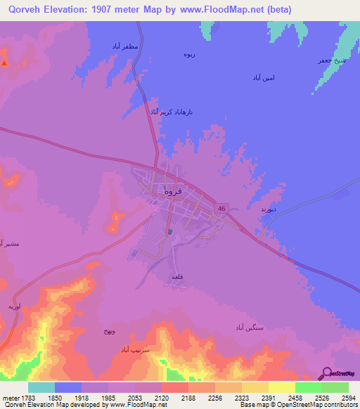 Qorveh,Iran Elevation Map