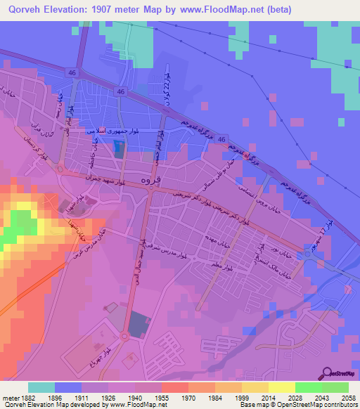 Qorveh,Iran Elevation Map