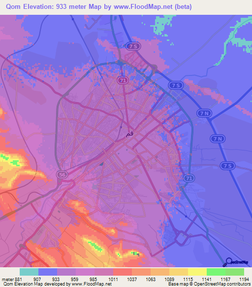 Qom,Iran Elevation Map