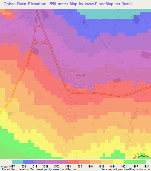 Qobad Bazn,Iran Elevation Map