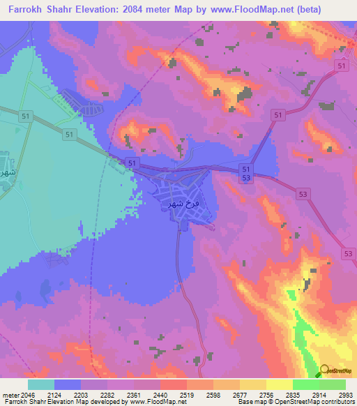 Farrokh Shahr,Iran Elevation Map