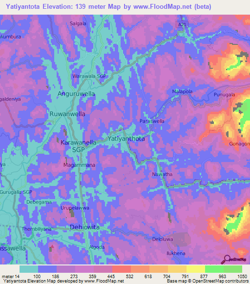 Yatiyantota,Sri Lanka Elevation Map