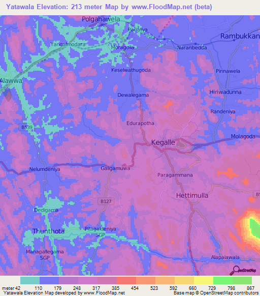 Yatawala,Sri Lanka Elevation Map