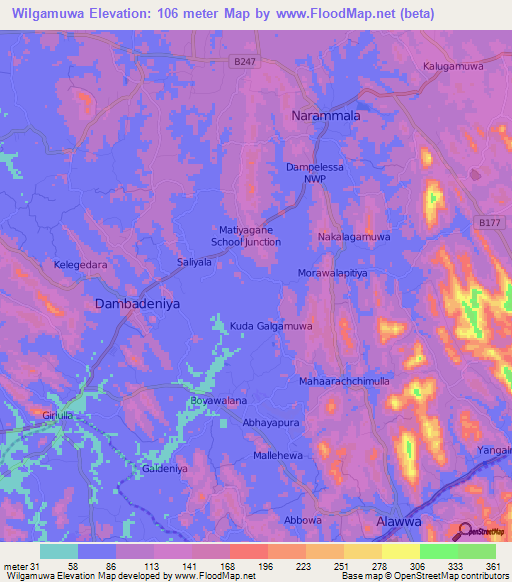 Wilgamuwa,Sri Lanka Elevation Map