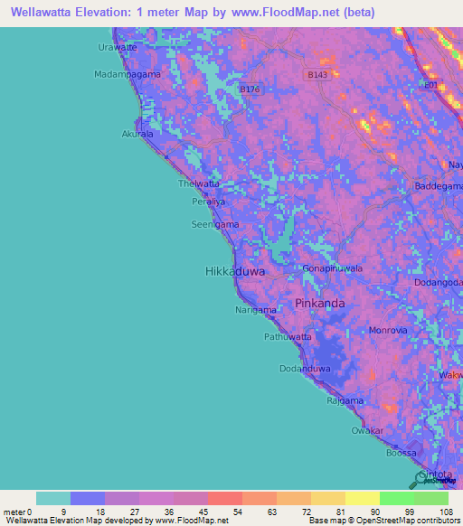 Wellawatta,Sri Lanka Elevation Map