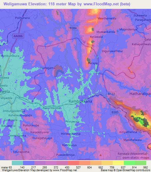 Weligamuwa,Sri Lanka Elevation Map