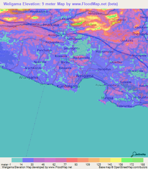Weligama,Sri Lanka Elevation Map
