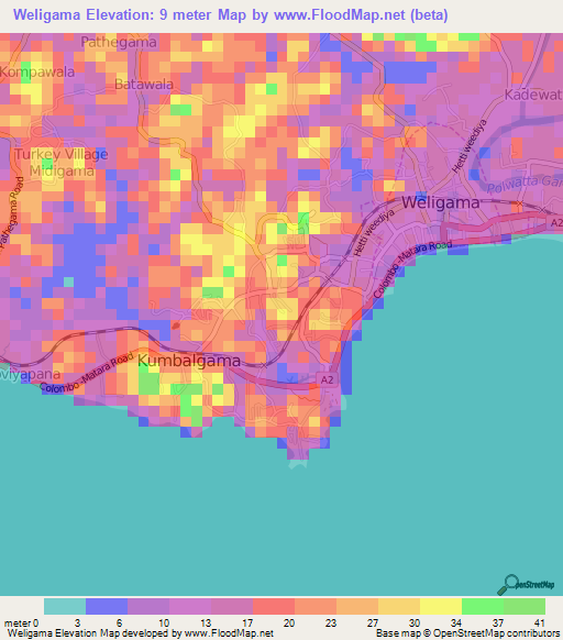 Weligama,Sri Lanka Elevation Map
