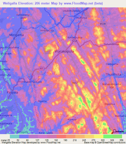 Weligalla,Sri Lanka Elevation Map