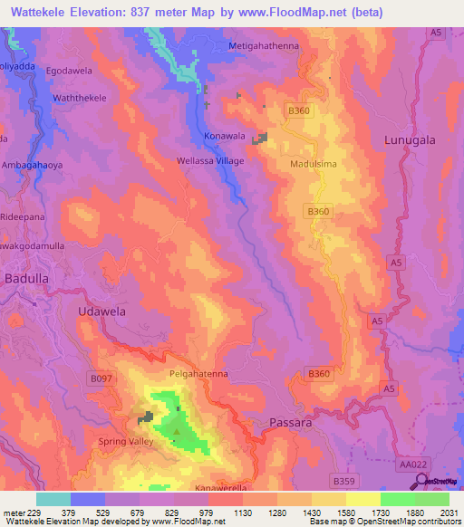 Wattekele,Sri Lanka Elevation Map