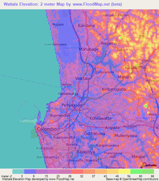 Wattala,Sri Lanka Elevation Map