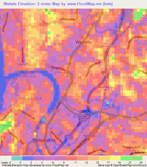 Wattala,Sri Lanka Elevation Map