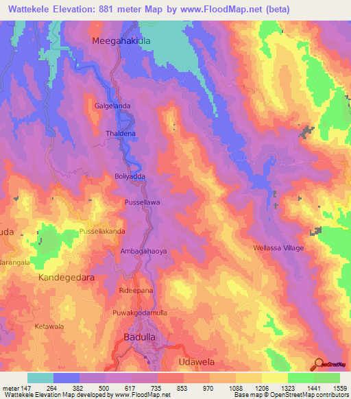 Wattekele,Sri Lanka Elevation Map