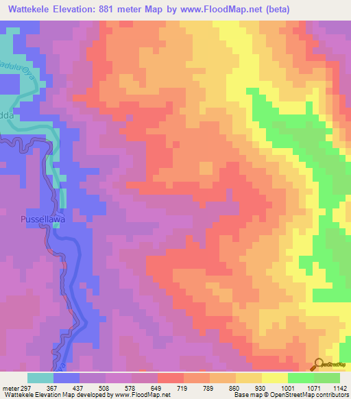 Wattekele,Sri Lanka Elevation Map