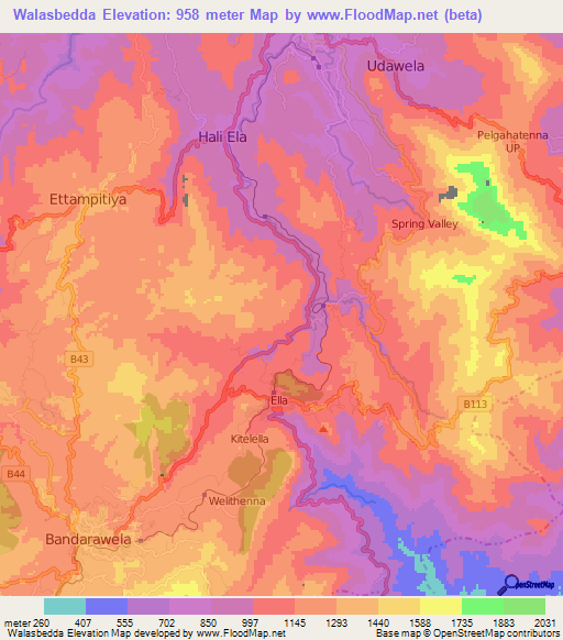 Walasbedda,Sri Lanka Elevation Map