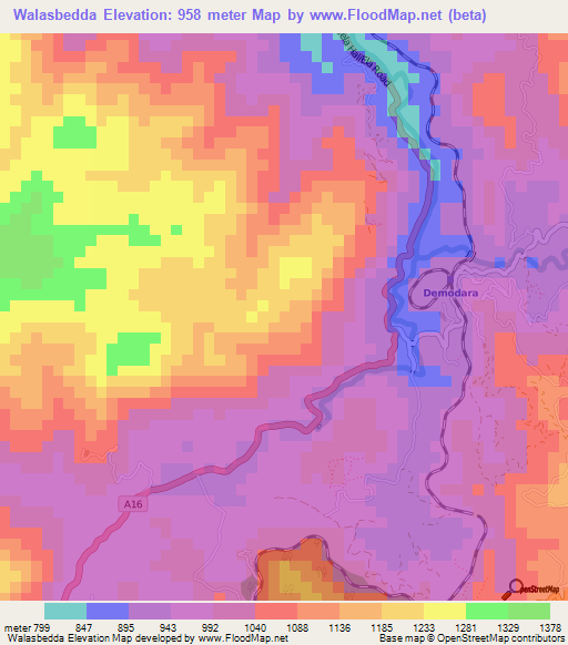 Walasbedda,Sri Lanka Elevation Map