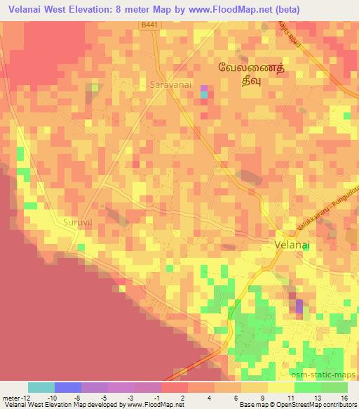 Velanai West,Sri Lanka Elevation Map