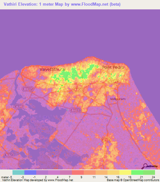 Vathiri,Sri Lanka Elevation Map