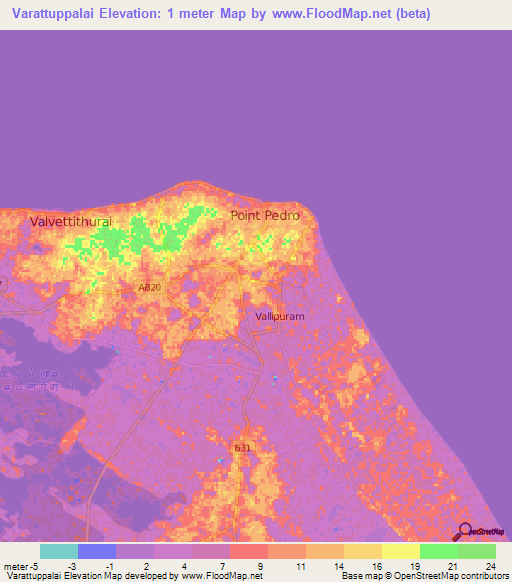 Varattuppalai,Sri Lanka Elevation Map