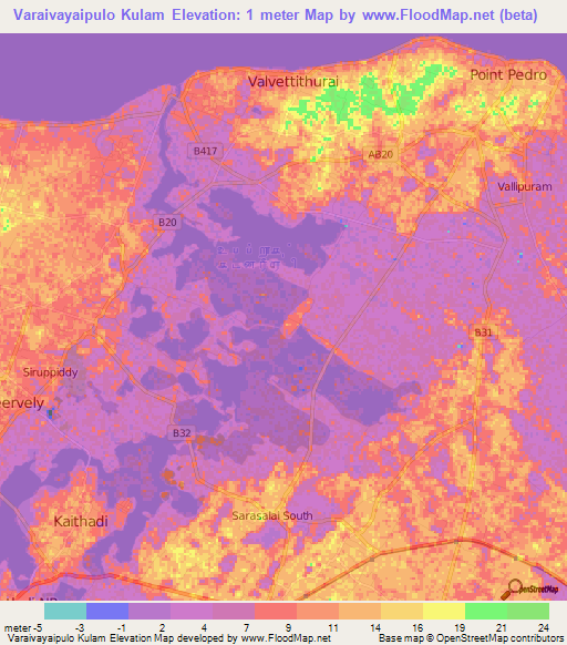 Varaivayaipulo Kulam,Sri Lanka Elevation Map