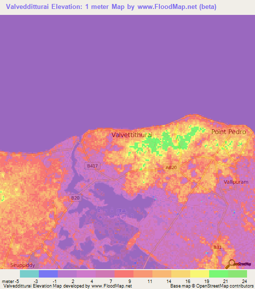 Valvedditturai,Sri Lanka Elevation Map