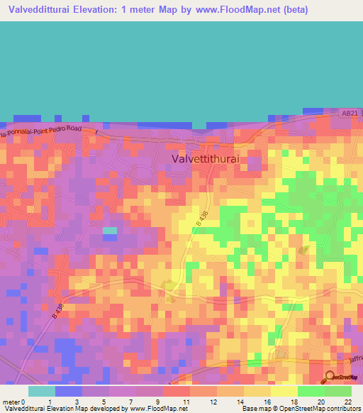 Valvedditturai,Sri Lanka Elevation Map