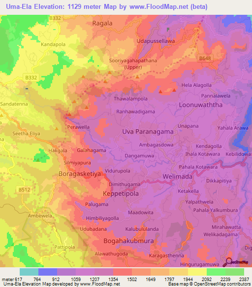 Uma-Ela,Sri Lanka Elevation Map