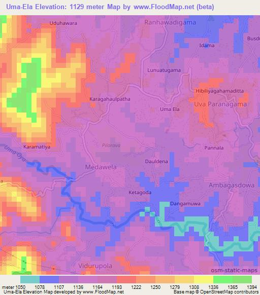 Uma-Ela,Sri Lanka Elevation Map