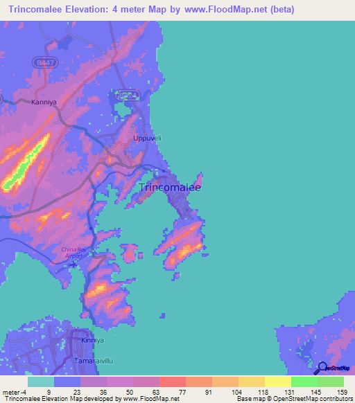 Trincomalee,Sri Lanka Elevation Map