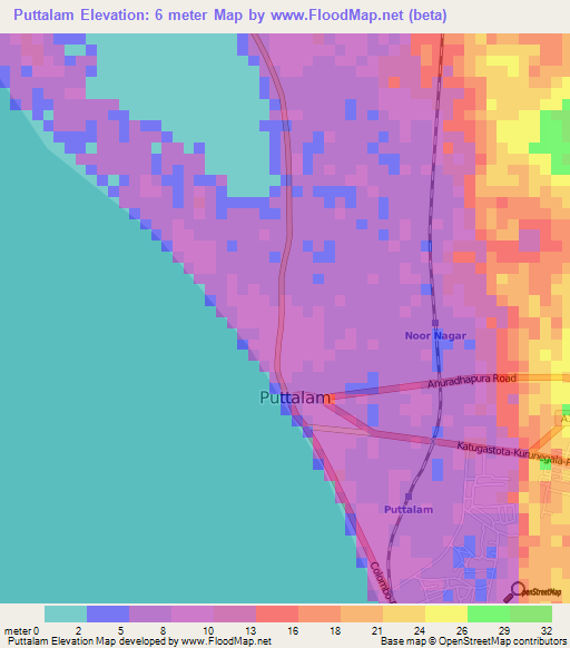 Puttalam,Sri Lanka Elevation Map