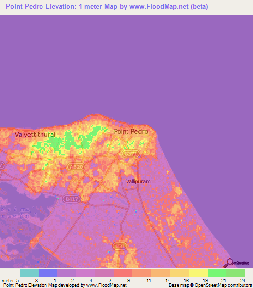 Point Pedro,Sri Lanka Elevation Map